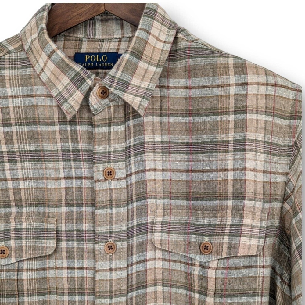 Polo Ralph Lauren Men's 100% Linen Long Sleeve Button Up Tan Plaid Shirt Large - Picture 2 of 8